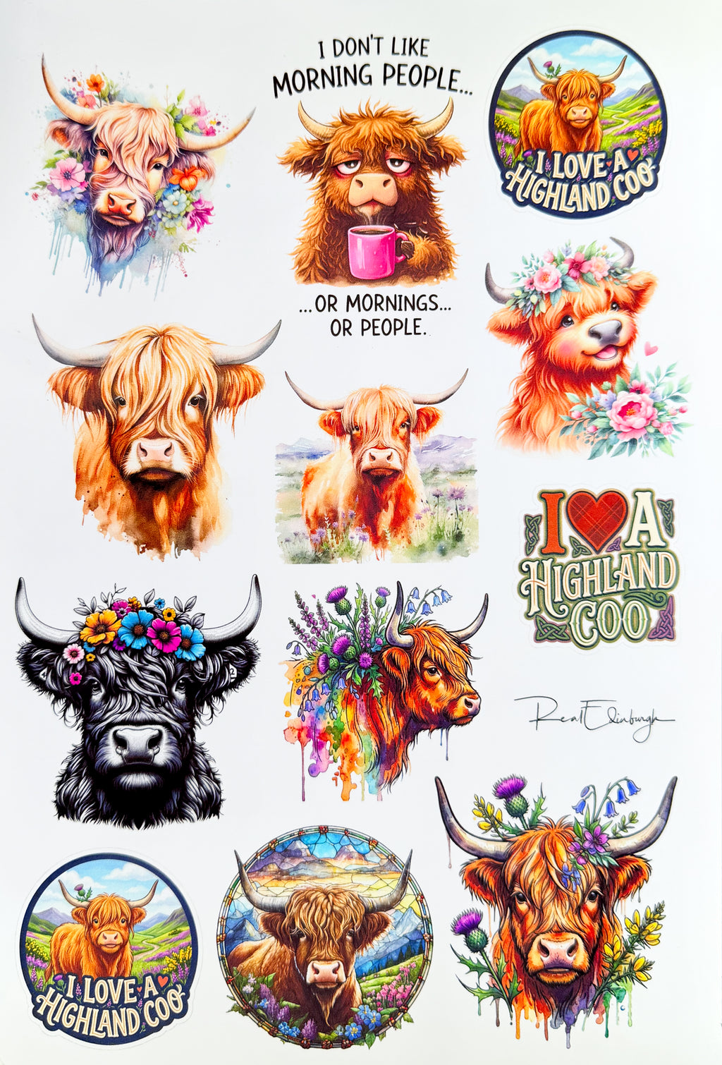 Highland Coo sticker sheet (White background)